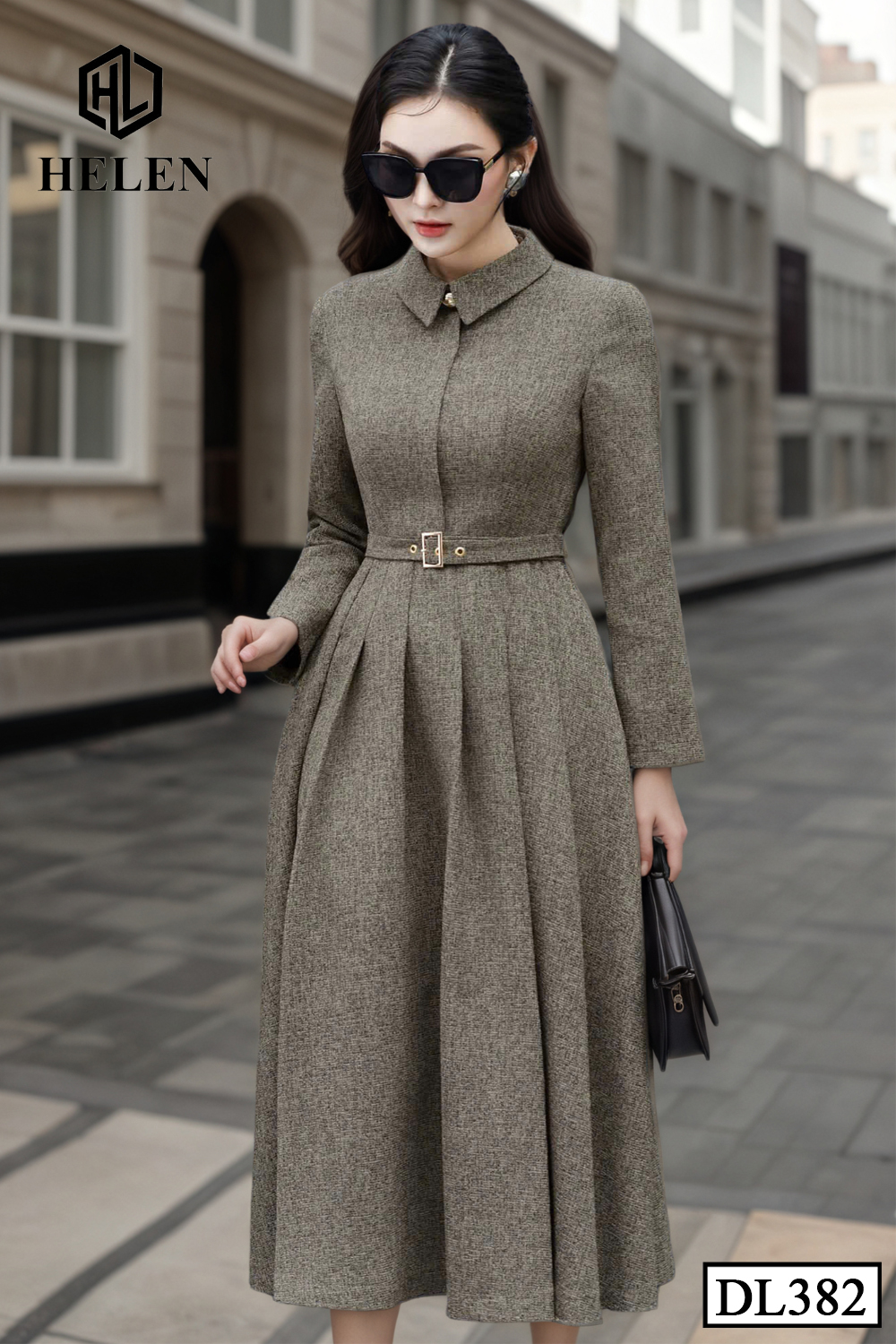 Đầm dạ xòe màu nâu rêu cổ đức + kèm đai DL382