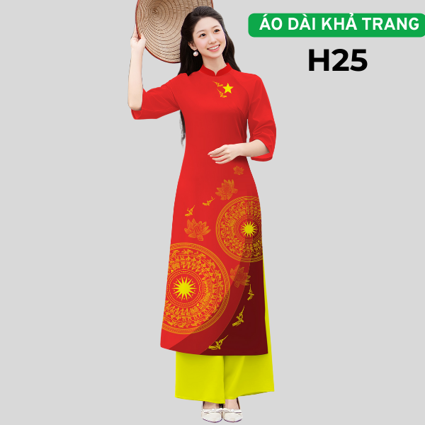 Bộ H25 Áo dài Cách Tân Sao Vàng Hoa Sen Trống Đồng dáng suông nhẹ cổ cao 2cm tay lỡ