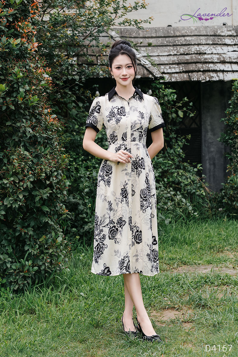 Đầm hoa cổ đức nẹp tay ngắn  D4167