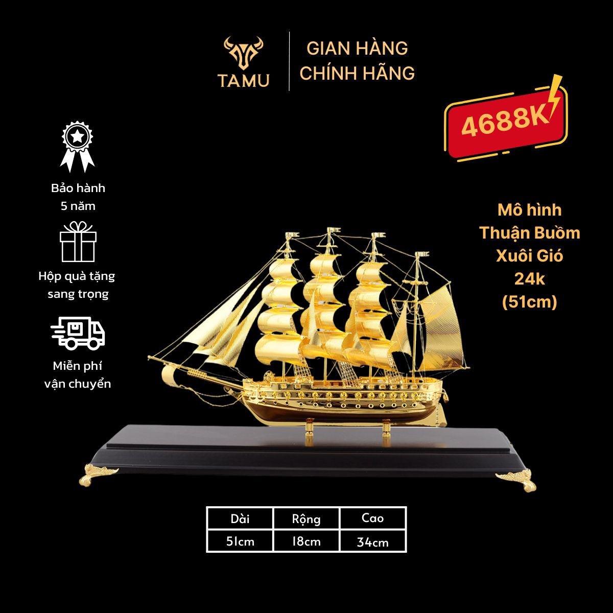 Mô hình thuyền thuận buồm xuôi gió 24k