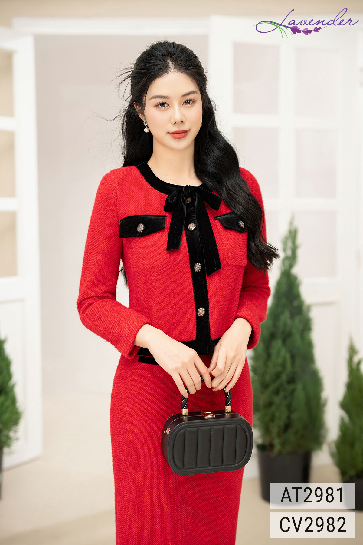 Áo dạ lông thỏ Thời trang Lavender đỏ phối đen nơ cổ AT2981_thumbnail_1