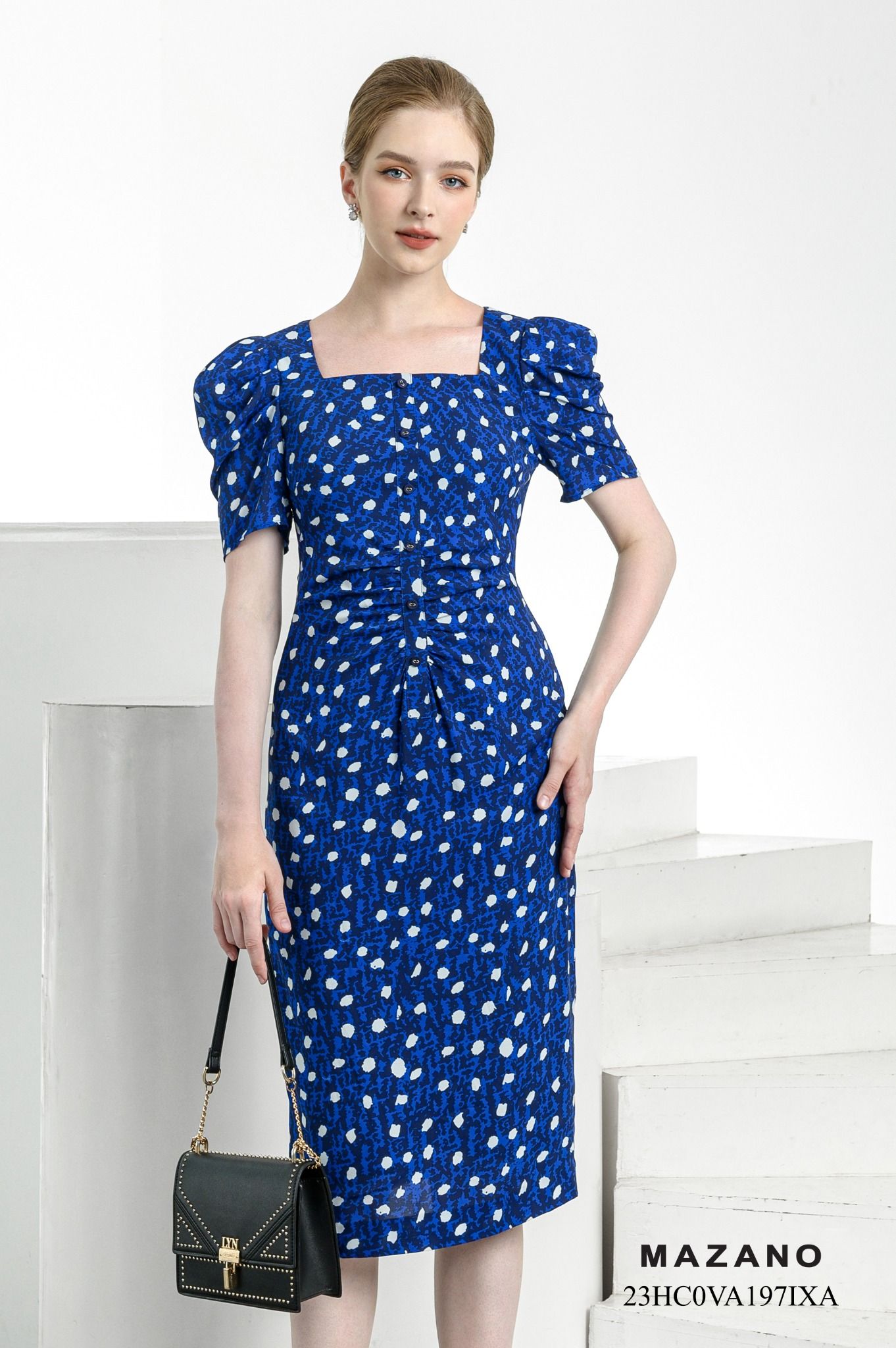 Đầm ôm cổ vuông xanh chấm bi vai bồng_thumbnail_2