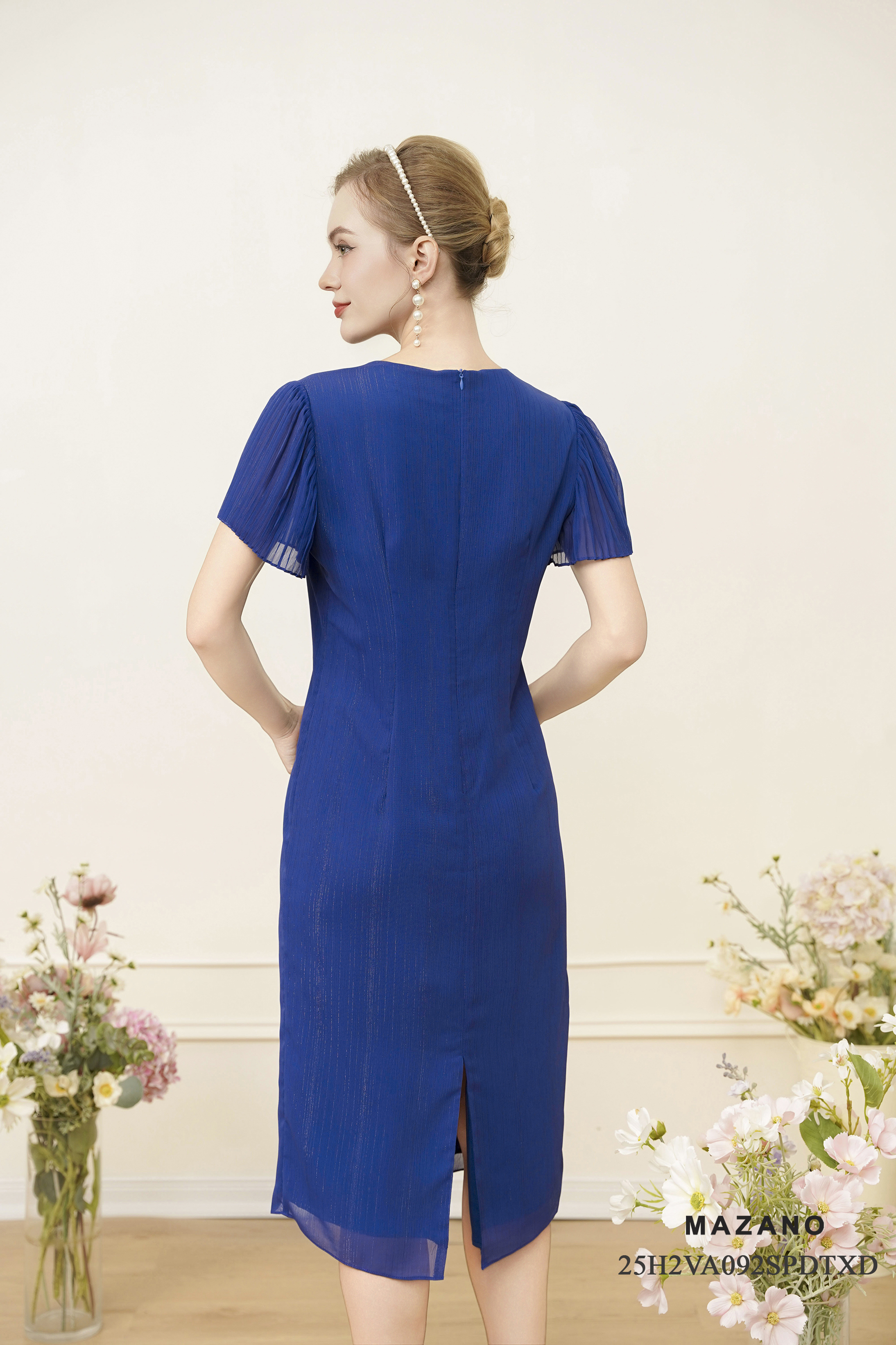 Váy Đầm Suông Vải voan dày Đính đá thủ công Cổ tròn Tay ngắn dập ly Dài ngang bắp chân_thumbnail_3