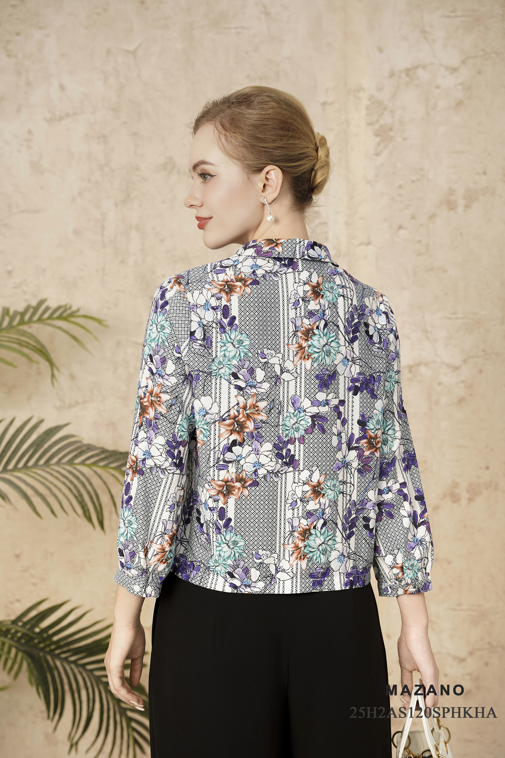 Áo sơ mi suông cài khuy Vải thô mỏng Họa tiết hoa lá cách điệu Cổ bẻ Tay dài Dài áo qua eo_thumbnail_4