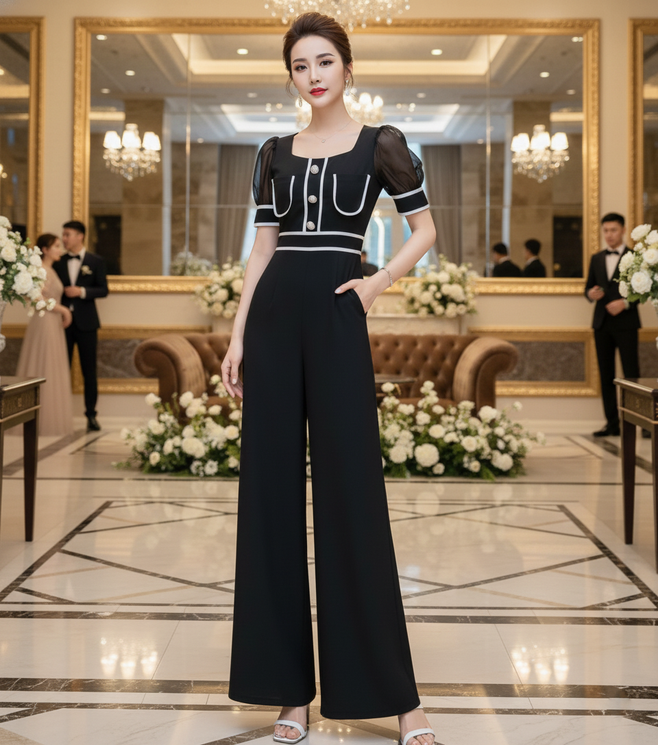 Jumpsuit dài cổ U tay bồng phối viền Phong Cách_thumbnail_6