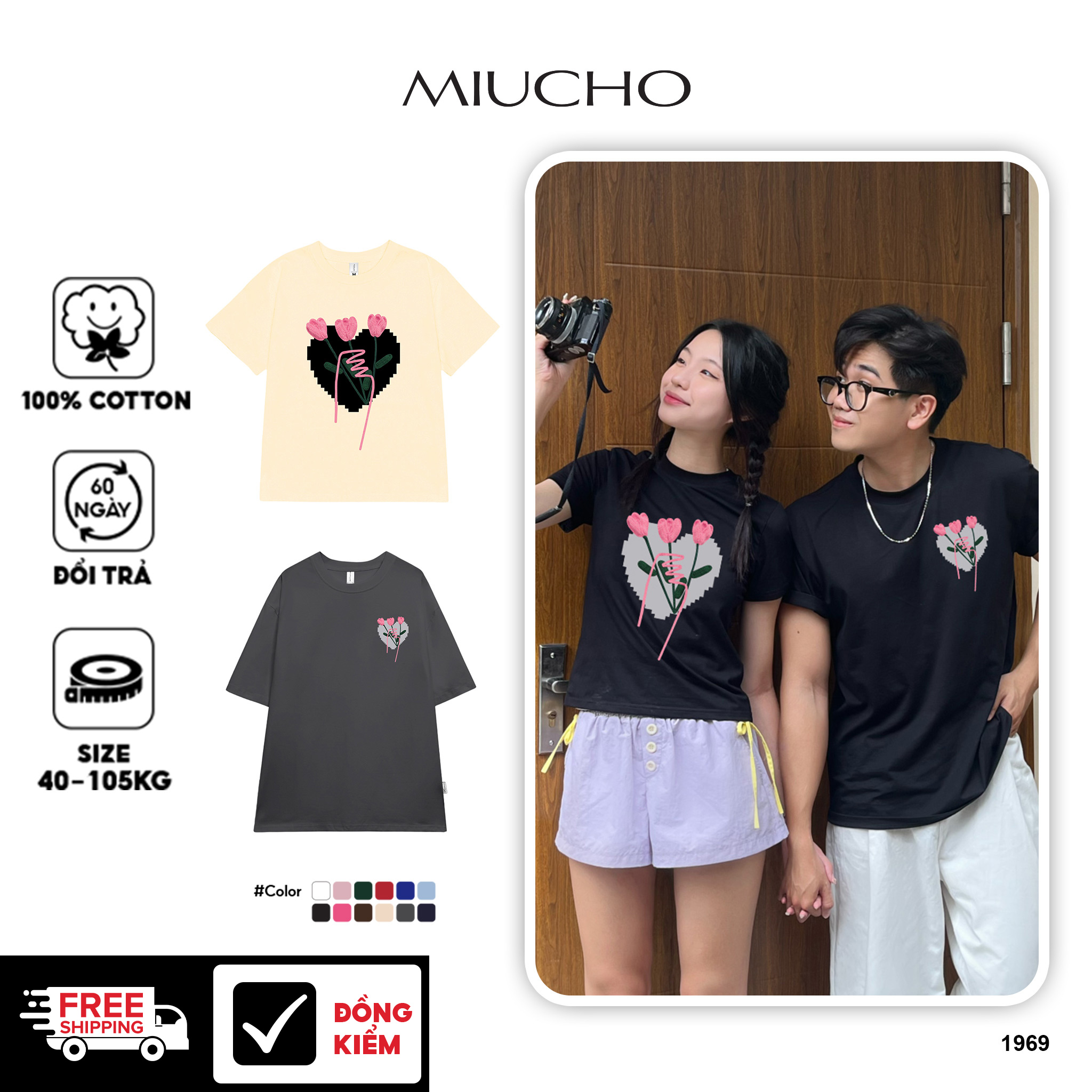 Áo thun cặp nam nữ form rộng 1968 Miucho vải 4c cotton 220gsm thoáng mát cổ tròn in mix