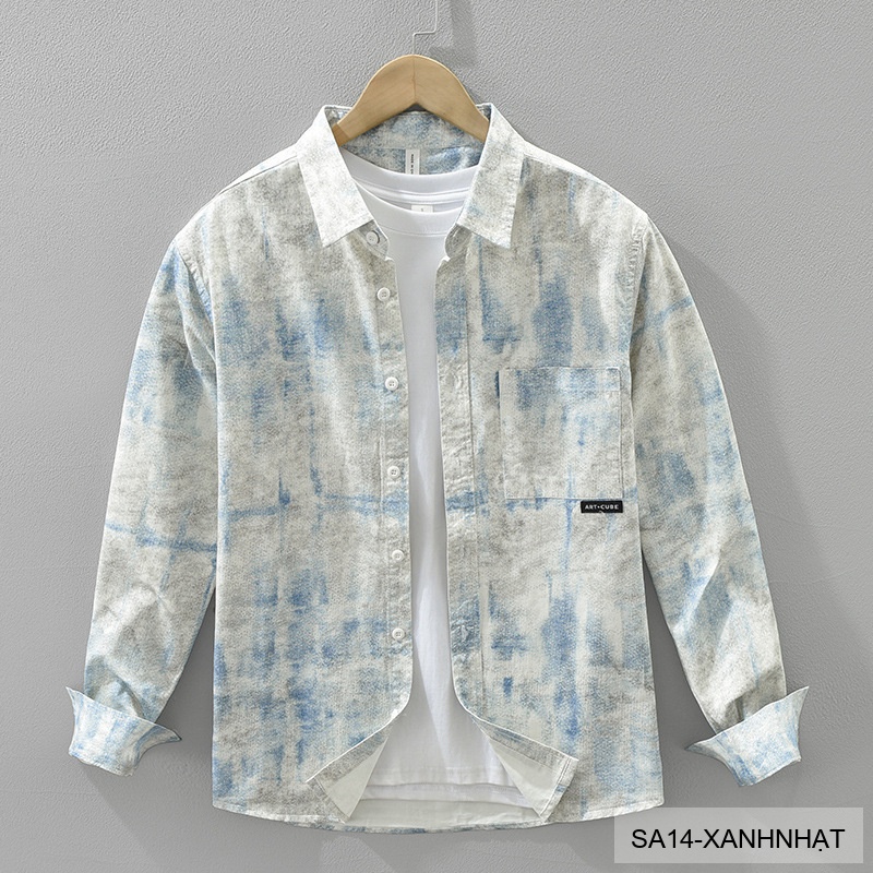 SA14 - Áo sơ mi nam dài tay in họa tiết phong cách Nhật, dáng rộng thoải mái, chất cotton mềm mại