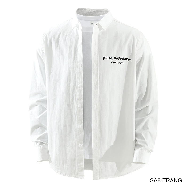 SA8 - Áo sơ mi nam dài tay phong cách, in chữ cá tính, chất cotton mềm mại, dáng rộng thoải mái