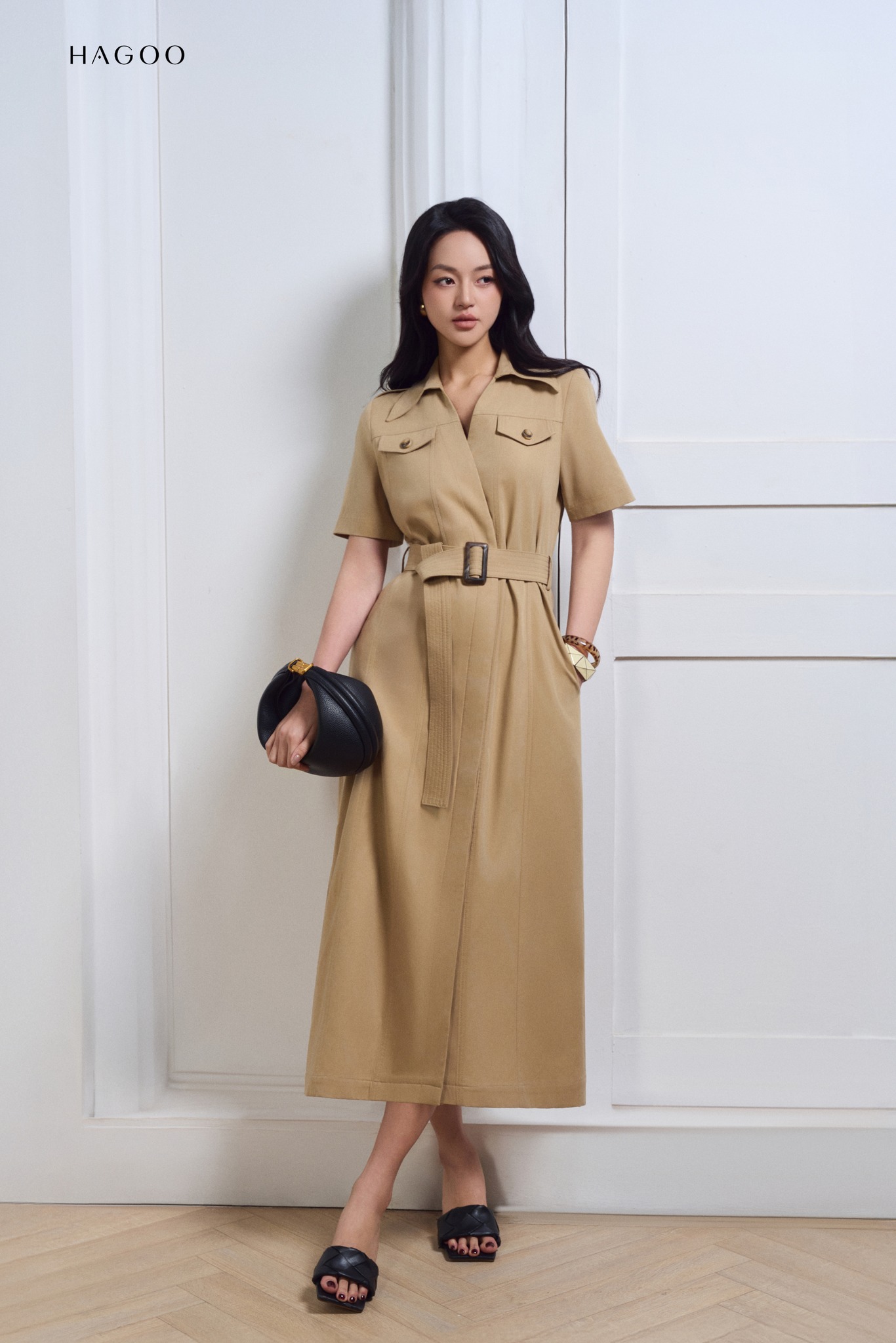 Váy sơ mi kaki thắt đai HAGOO