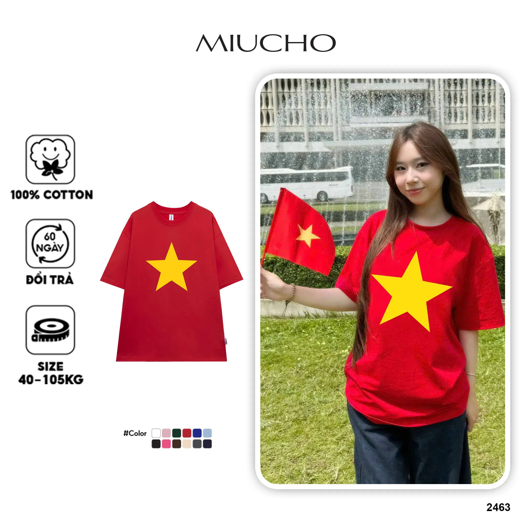 Áo thun Việt Nam cờ đỏ sao vàng ATD2463 Miucho form rộng vải cotton thoáng mát in basic