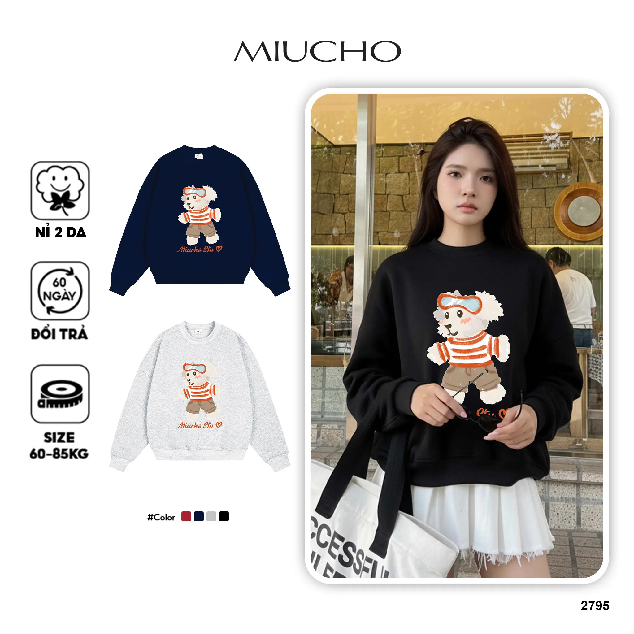 Áo Sweater form boxy Miucho nỉ 2 da mềm mại dày dặn thoáng mát gấu bông in mix 2795