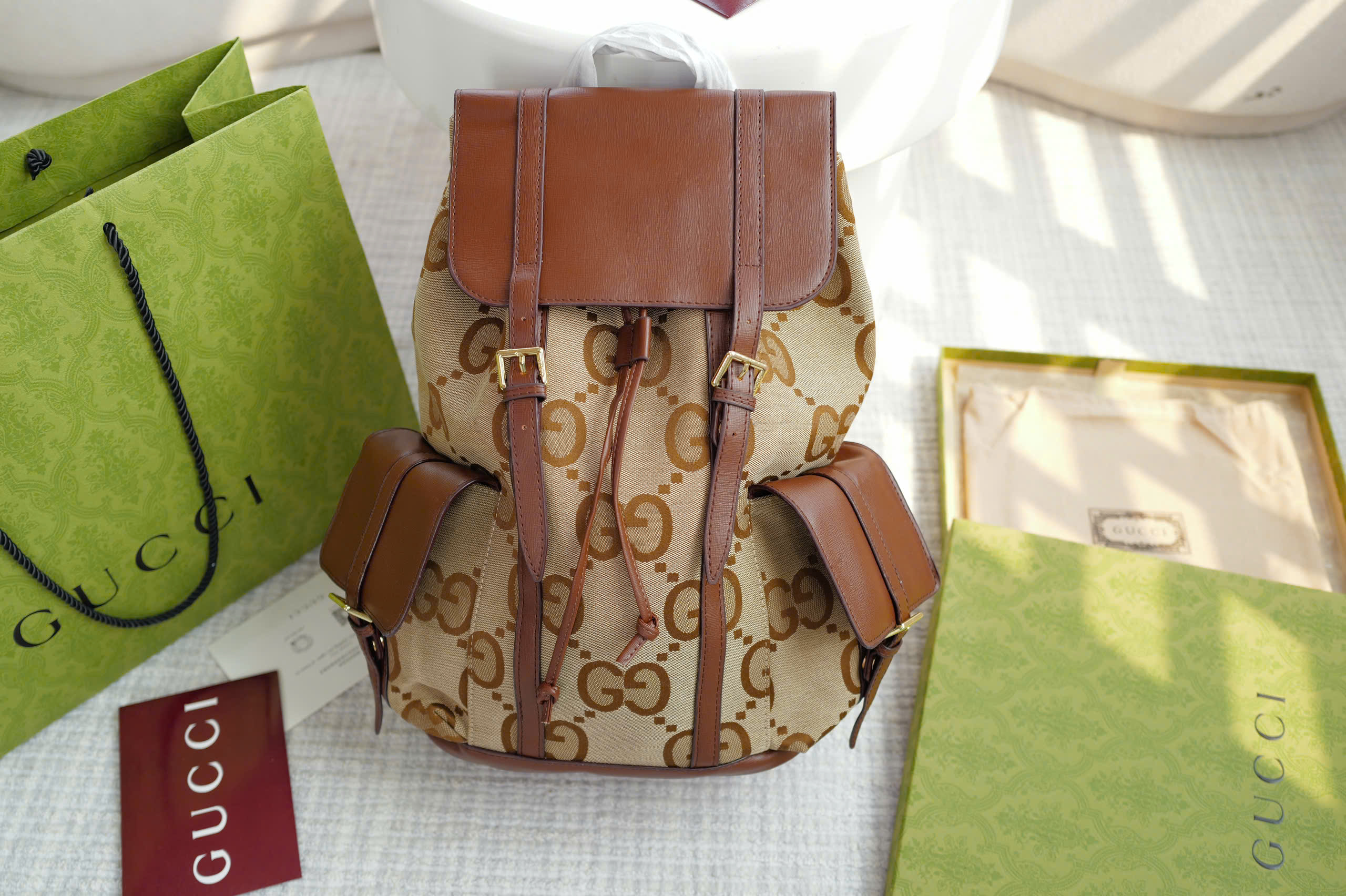 Balo Nam Gucci Jumbo GG Backpack Camel