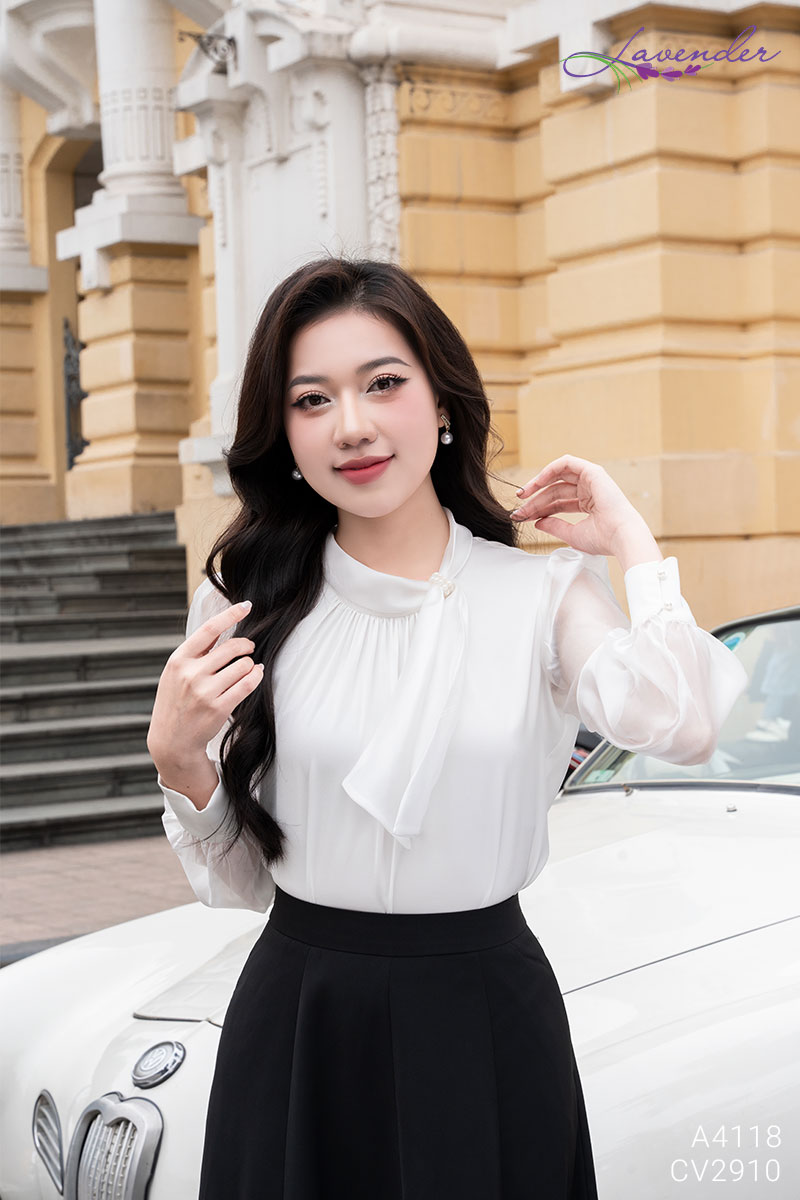 Set Áo sơ mi trắng cổ nơ lệch phối tơ A4118_thumbnail_3