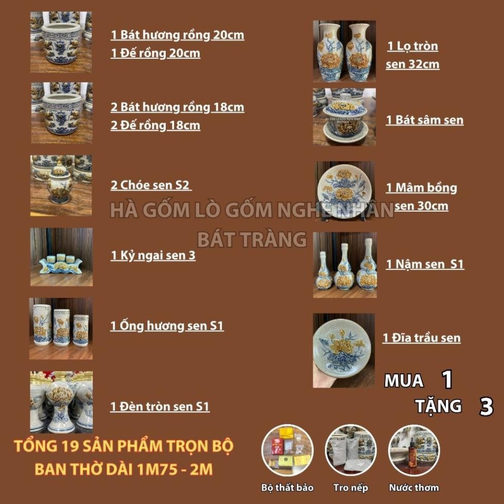 HG039 Đồ Thờ Cúng Bộ 19 món ban thờ 1M75 - 2M men rạn nổi nghệ nhân Bát Tràng chế tác TẶNG Thất Bảo, Tro Nếp_thumbnail_1
