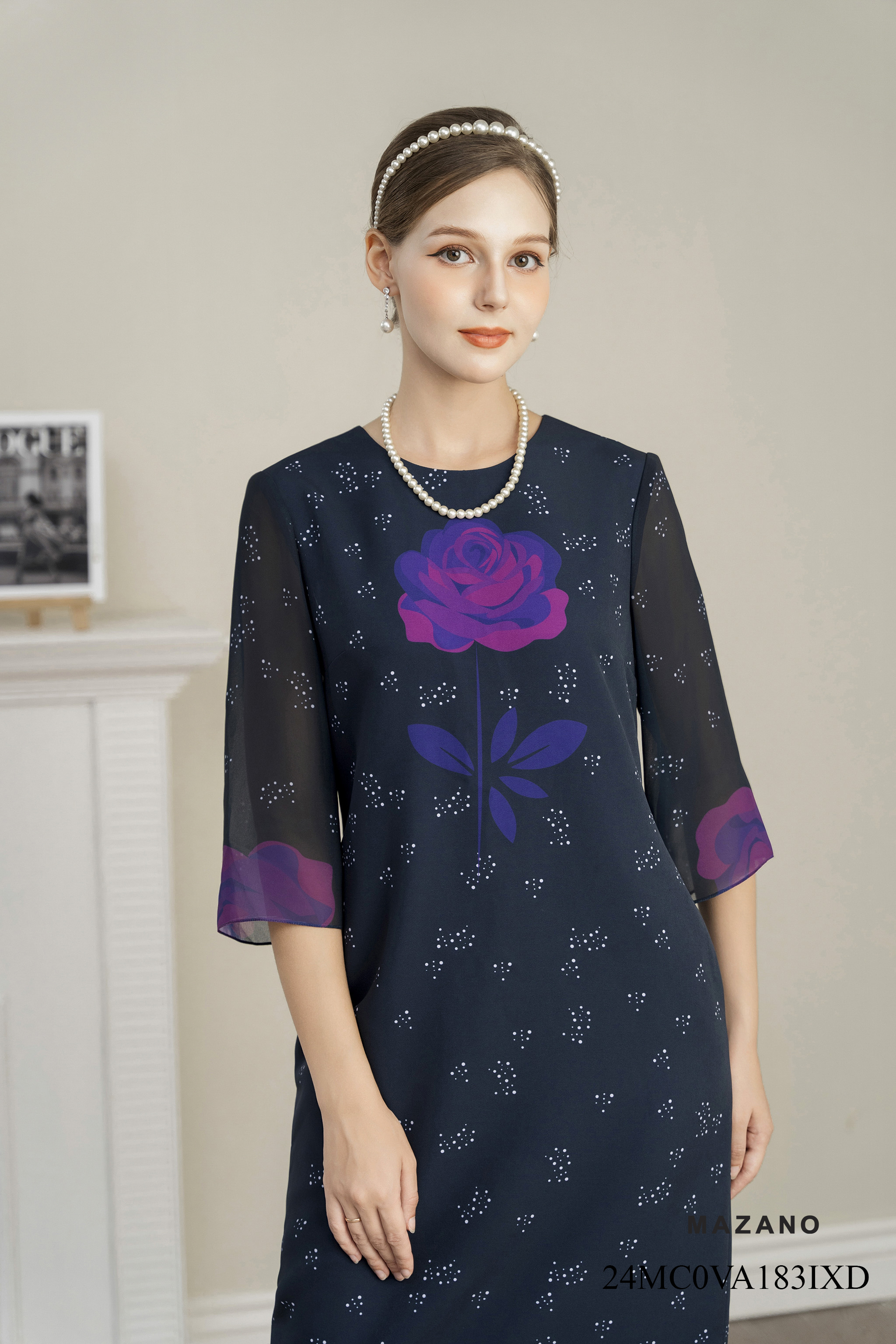 Váy Đầm Suông Vải thô mỏng Hoạ tiết hoa in bố cục Cổ tròn Tay lỡ Dài đến bắp chân_thumbnail_2