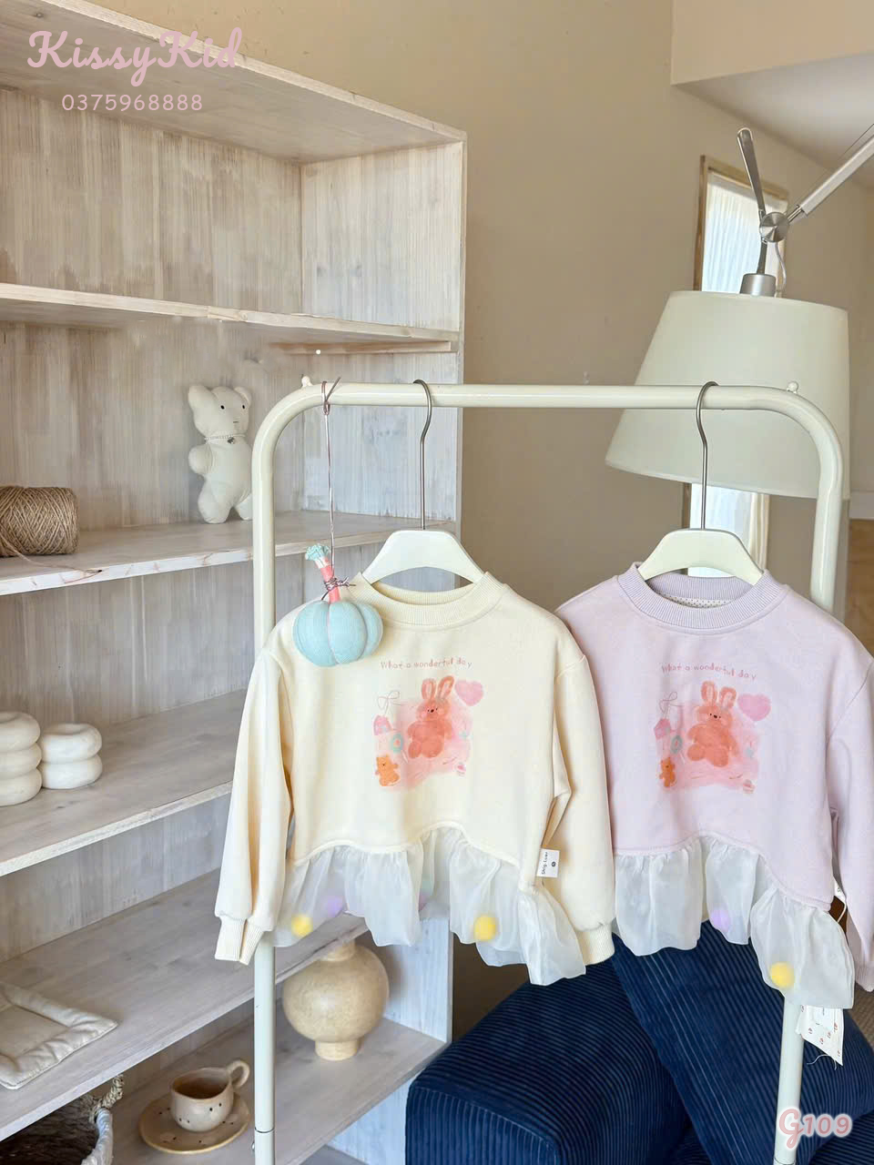 (G109) Áo nỉ liền voan màu kem in thỏ SHIGLUER_thumbnail_0