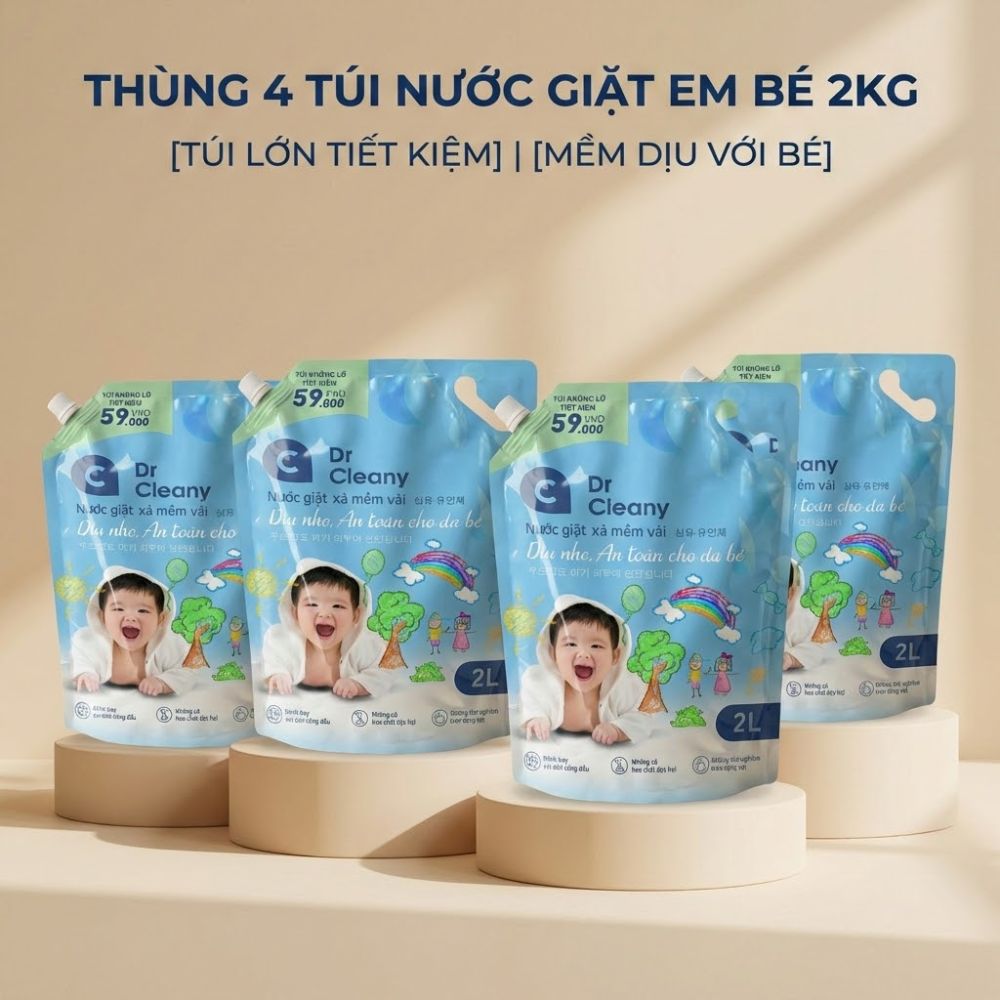 1 Thùng 4 Túi Nước Giặt Cho Bé Dr. Cleany 2kg Công Nghệ Hàn Quốc