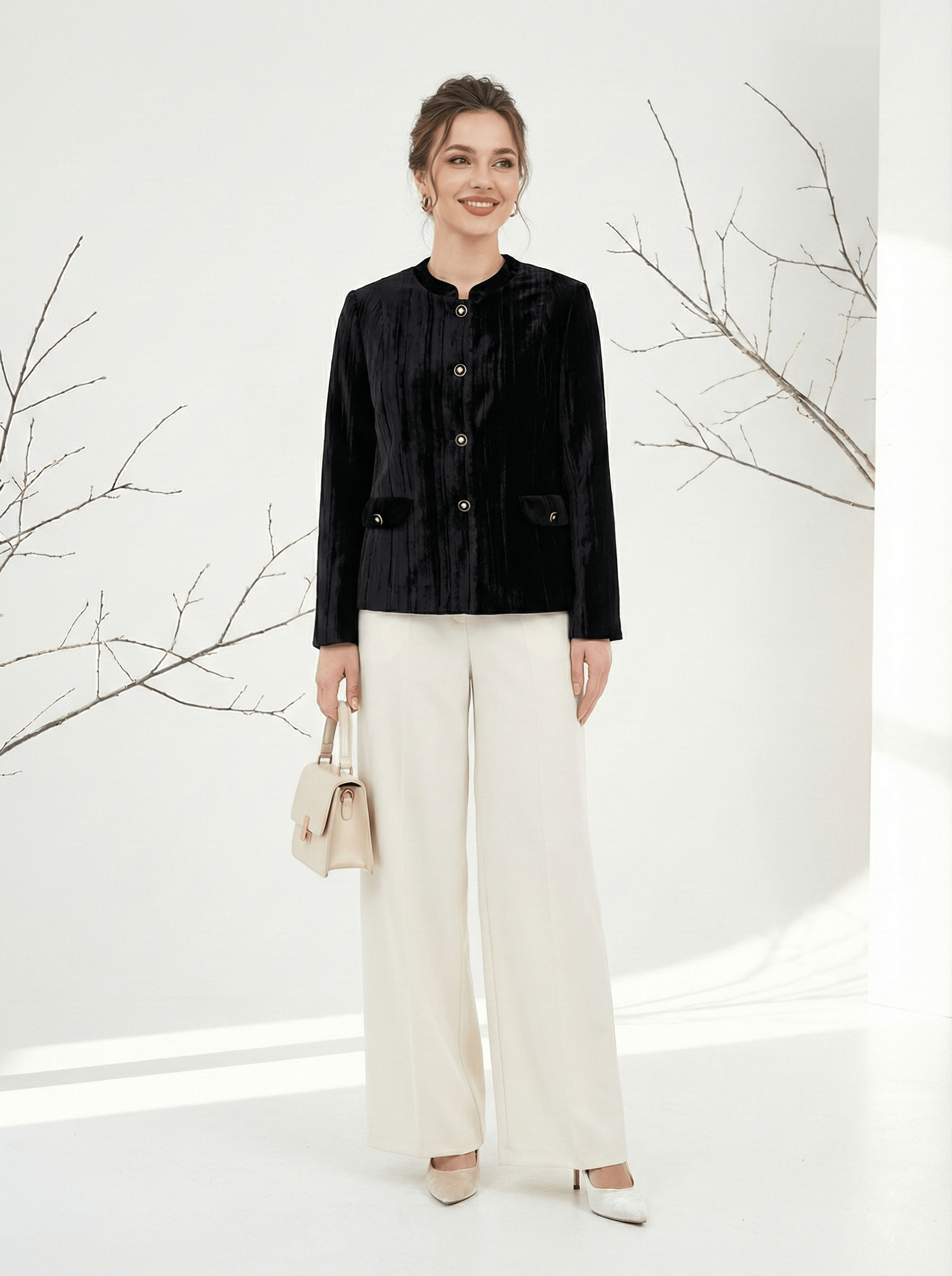 Áo khoác ngắn Suông Vải nhung gân Cổ tàu cách điệu Dài dưới eo