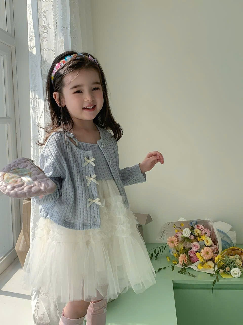 (H6) Set váy xanh voan trắng kèm áo cardigan Seven_thumbnail_0