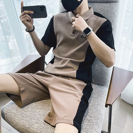 Bộ đồ nam áo thun có cổ tay ngắn ECOLLECT vải waffle mới pha phối màu sắc tương phản