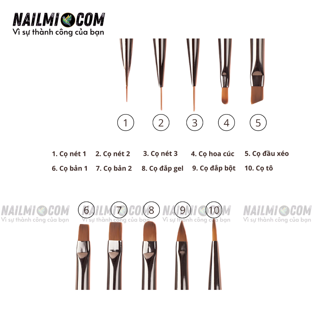 Set cọ mix kiểu - vẽ móng - 10 cái -  Nhật - cán kim loại