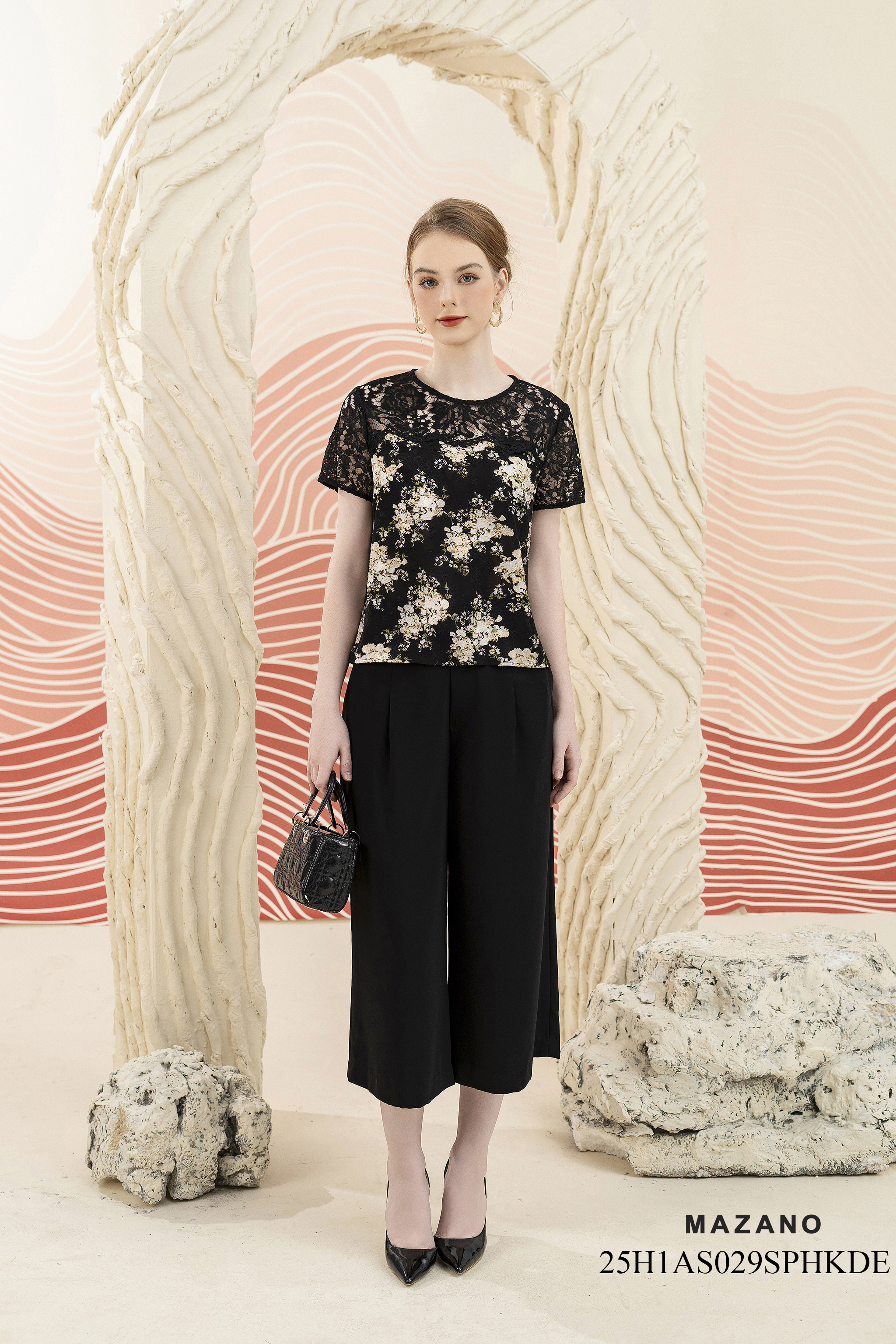 Áo Top Suông Vải voan 3D phối ren Họa tiết hoa cách điệu Cổ tròn Tay ngắn Dài dưới eo_thumbnail_2