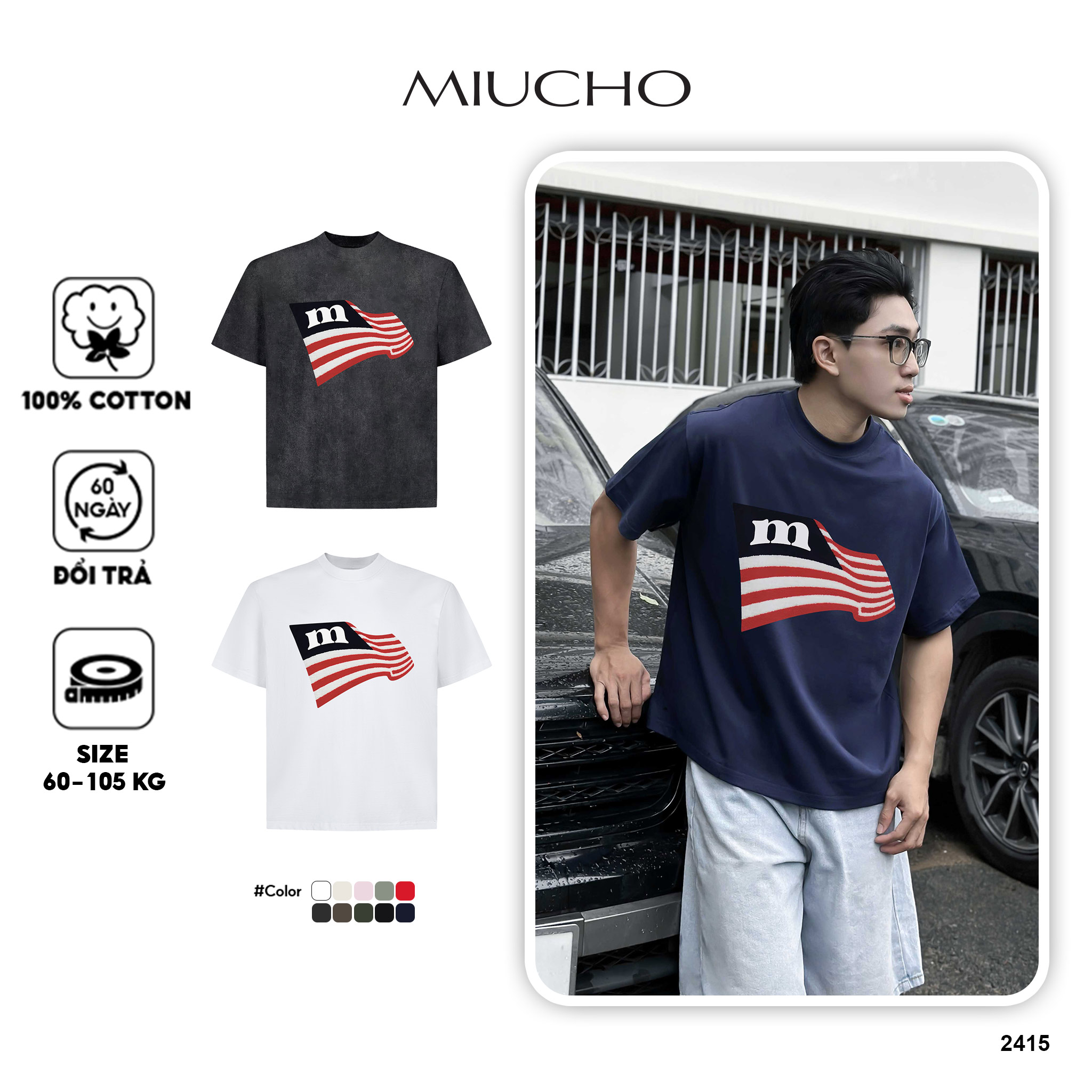 Áo thun nam form boxy AXD2415 Miucho Club vải cotton 2 chiều thoáng mát cổ tròn in mix