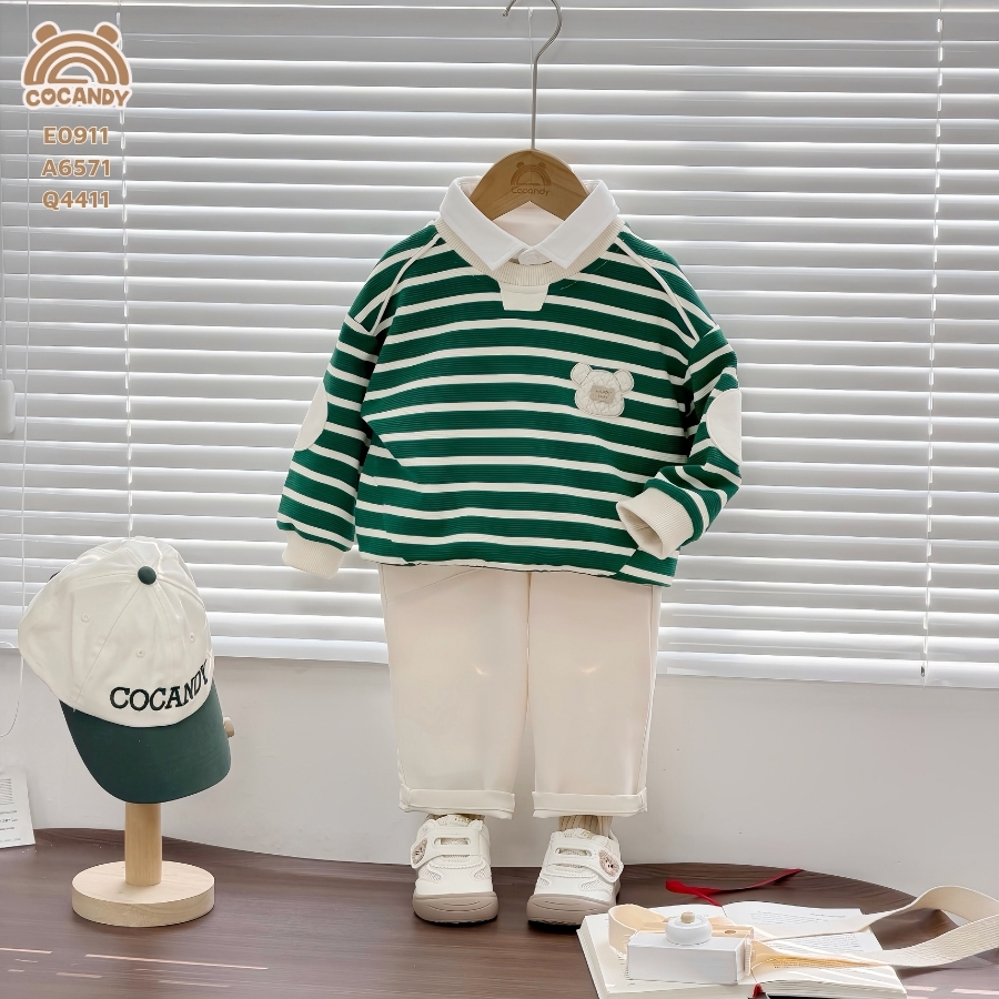 Áo dài kẻ XANH phối nẹp be