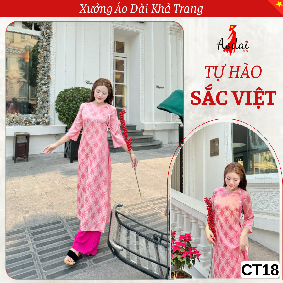 Bộ CT18 Áo Dài Gấm Màu Hồng Cam Cổ Tròn Tay Lỡ