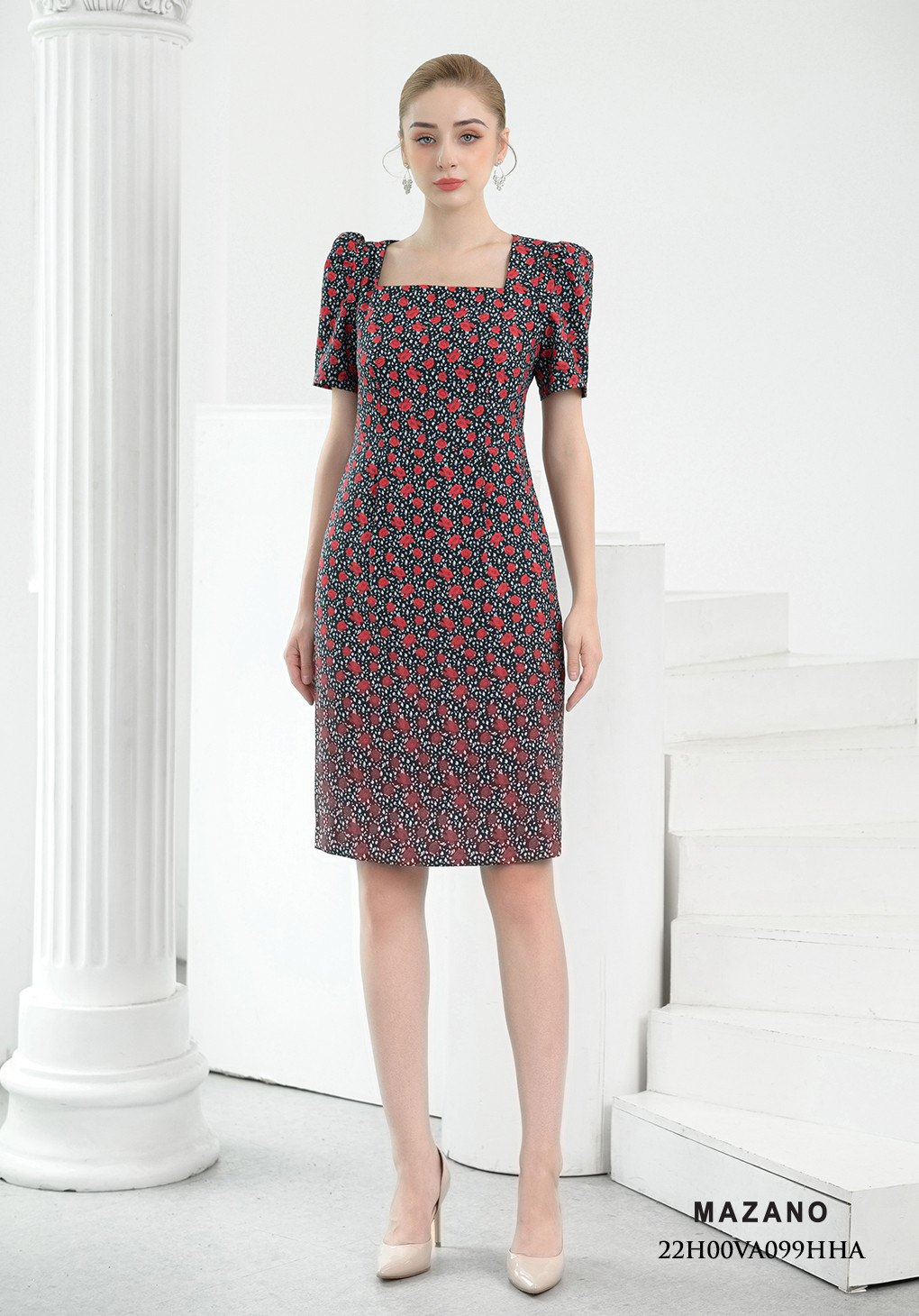 Đầm họa tiết cổ vuông tay bồng