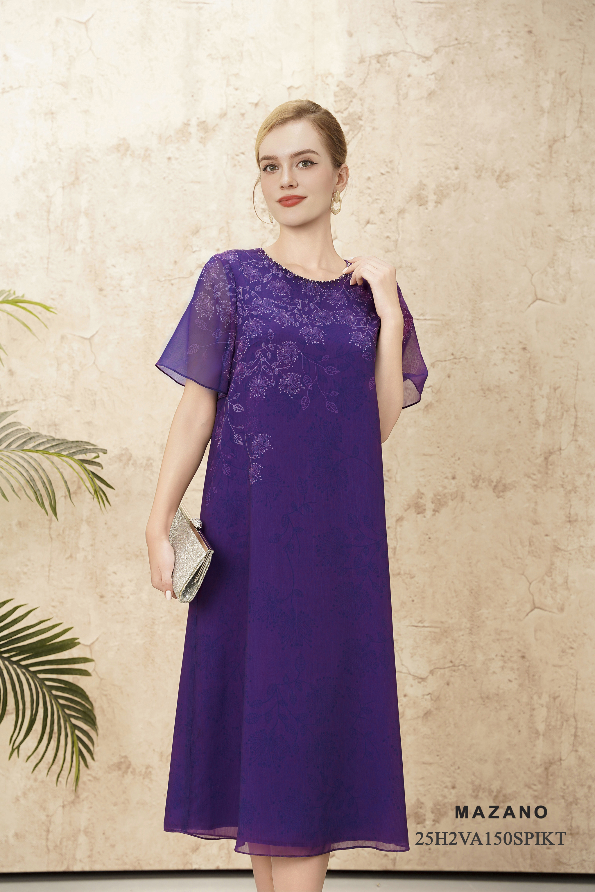 Váy Đầm suông A  Vải voan mỏng Đính trang trí Cổ tròn Tay ngắn Dài váy ngang bắp