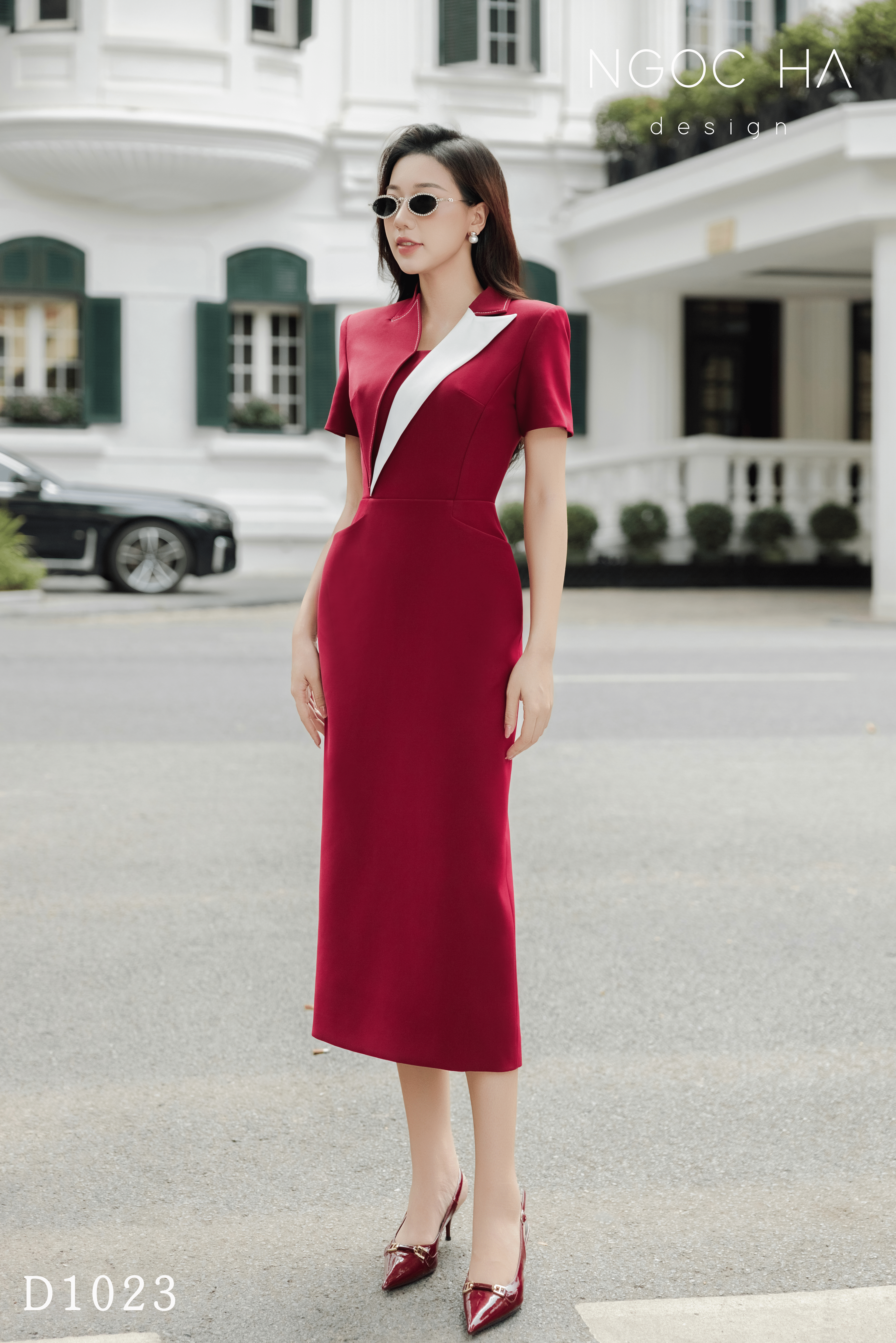 Aveline Dress_ Đầm Bút Chì Đỏ Cổ Vest Mix Trắng D1023