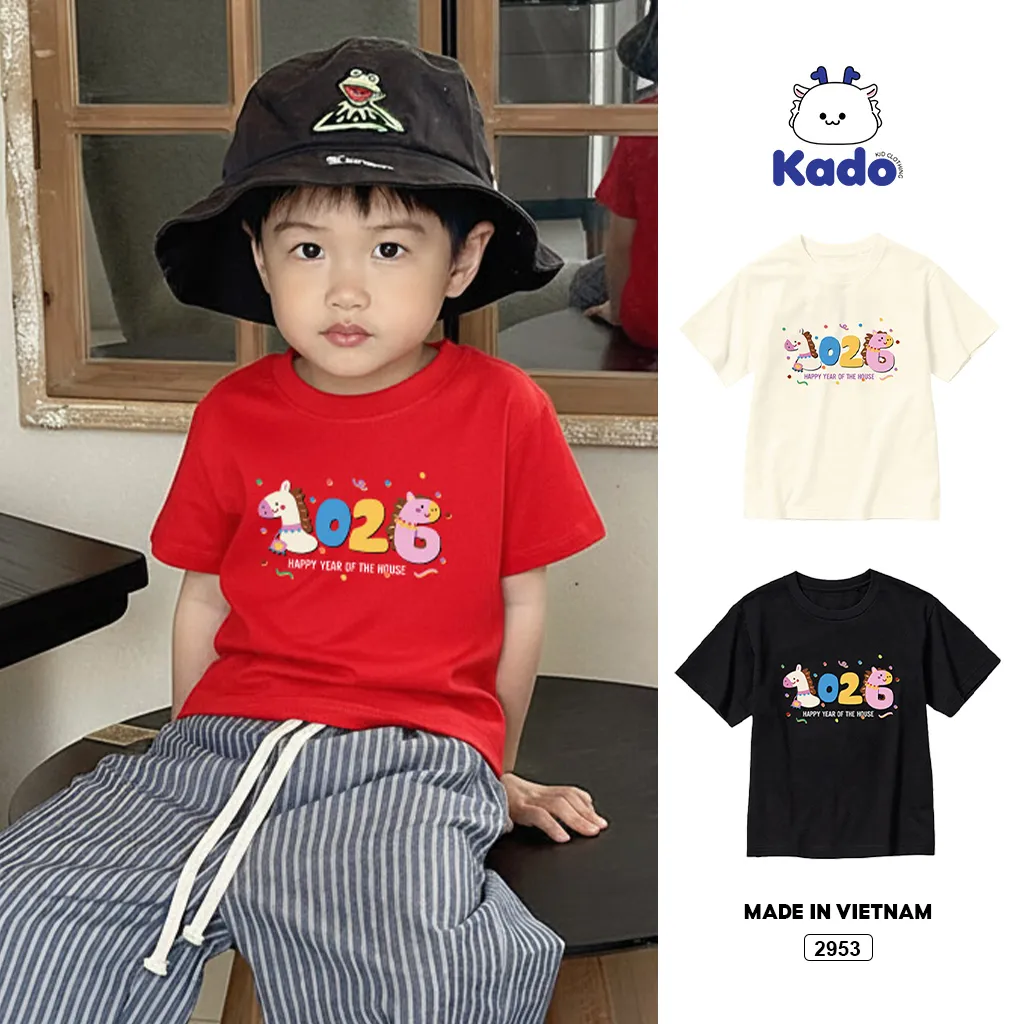 Áo thun bé trai bé gái Tết 2026 Kado vải cotton thoáng mát mềm mại 2953