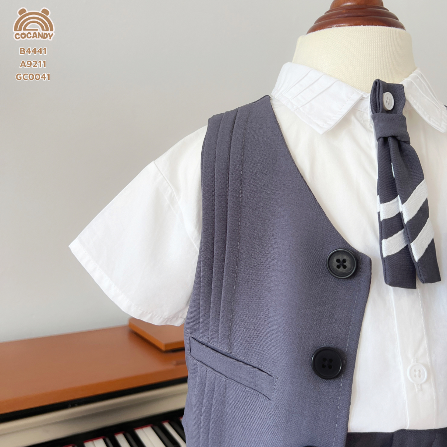 Bộ cộc GHI gile sọc trắng kèm nơ cổ_thumbnail_3