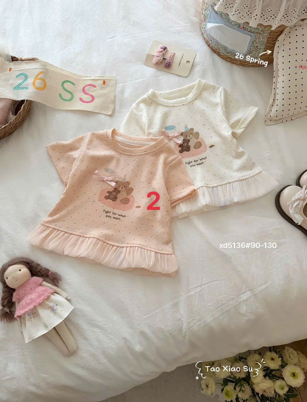 (C36) Áo thun cộc tay châm bi viền bèo màu hồng hoạ tiết gấu hãng TX