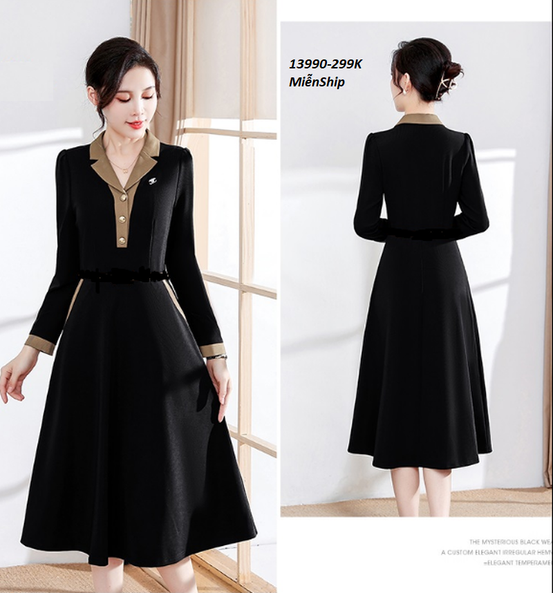 13990-Đầm xòe A cổ bẻ kết nút viền nâu_thumbnail_1