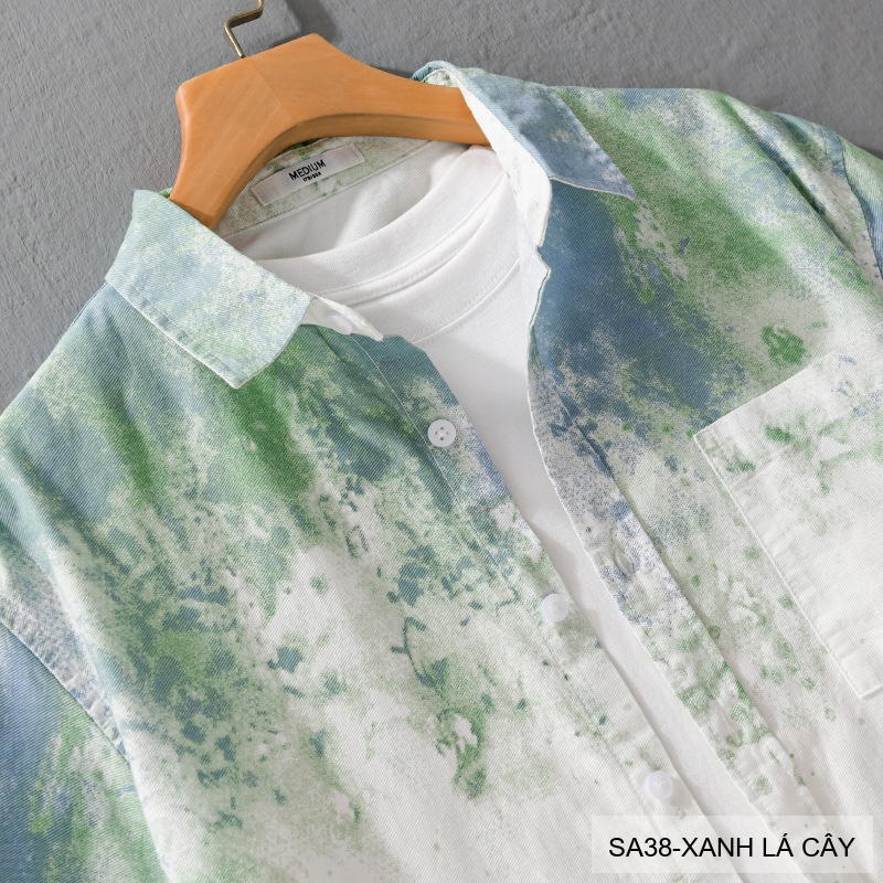SA38 - Áo sơ mi nam tay ngắn họa tiết loang màu xanh lá và xám, phong cách trẻ trung mùa hè_thumbnail_5