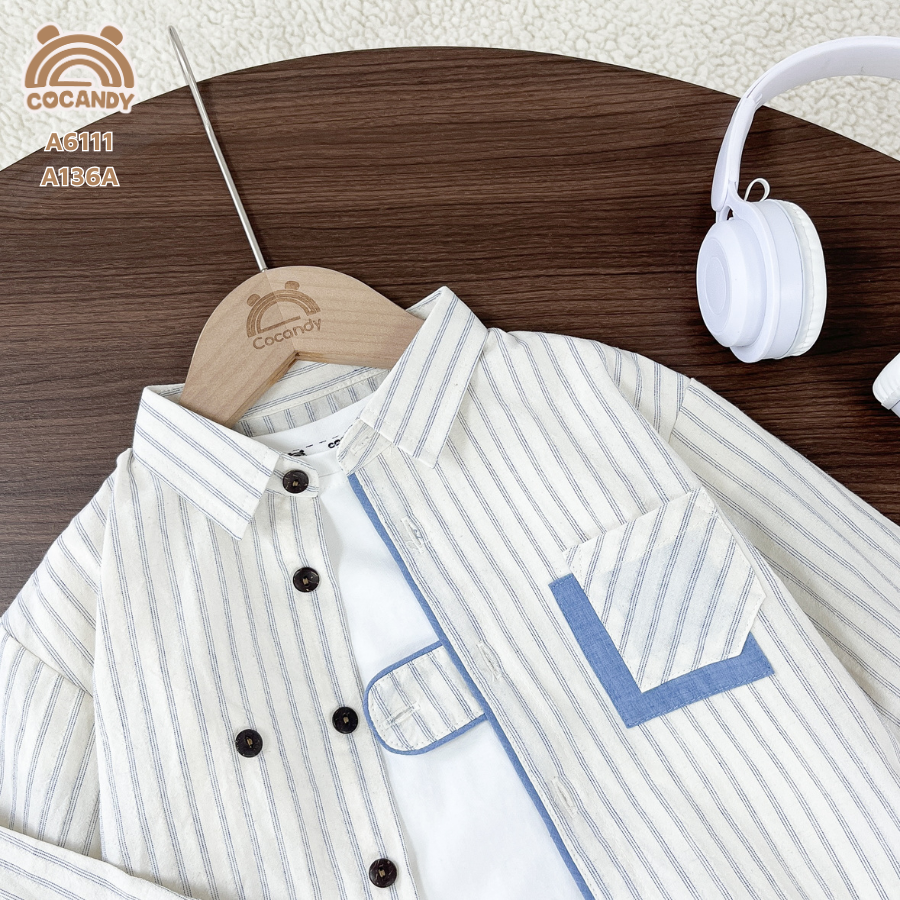 Áo dài sơ mi BE kẻ sọc túi ngực phối XDƯƠNG_thumbnail_7