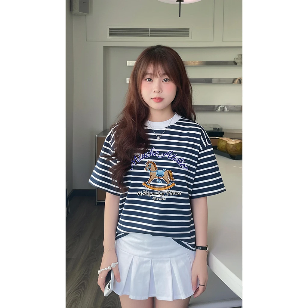 Áo thun boxy unisex Miucho Club vải borip thoáng mát tay ngắn cổ tròn hình chú ngựa sọc mix màu 2789_thumbnail_5