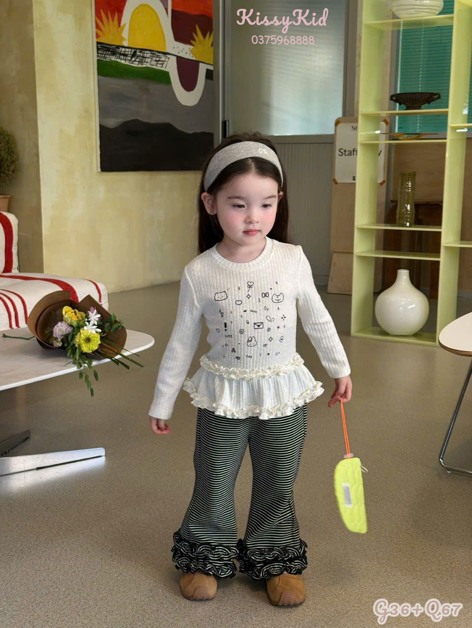 (Q67) Quần ống loe kẻ trắng đen gấu bèo Kiai_thumbnail_0