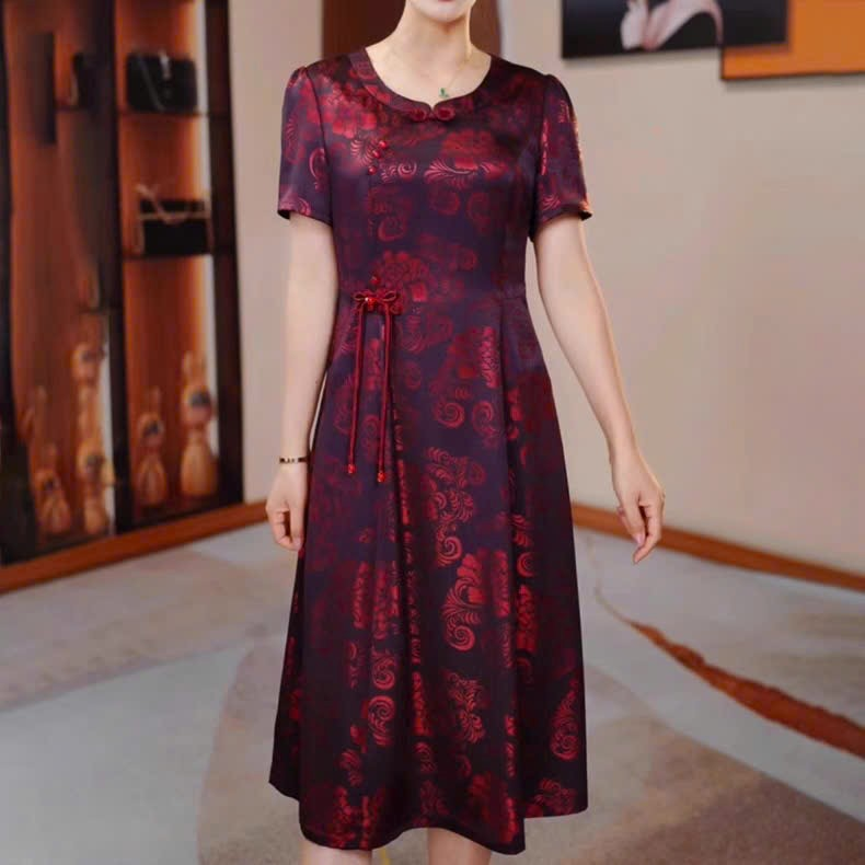 17781-Đầm suông lụa hoa nổi 5D ( lụa  vân gấm,lót)