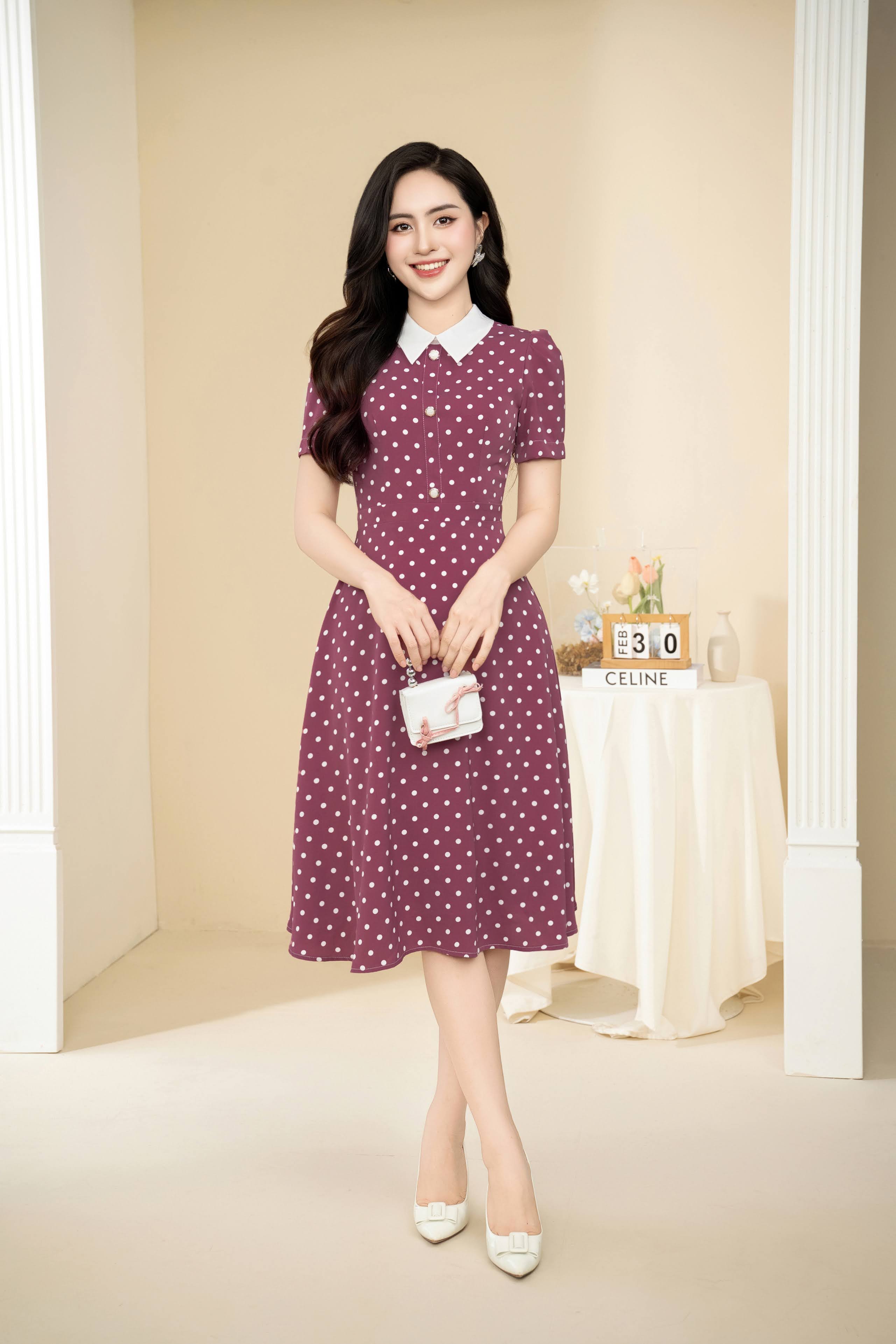 Đầm xoè chấm bi hồng phối trắng_thumbnail_2