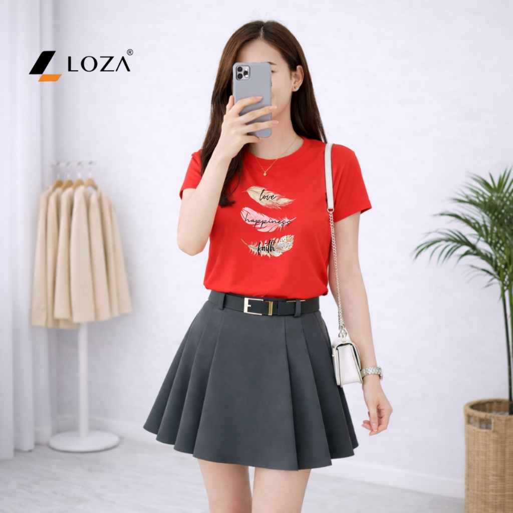 [Form vừa]Áo phông nữ dáng vừa hình lông vũ - Loza VT8470