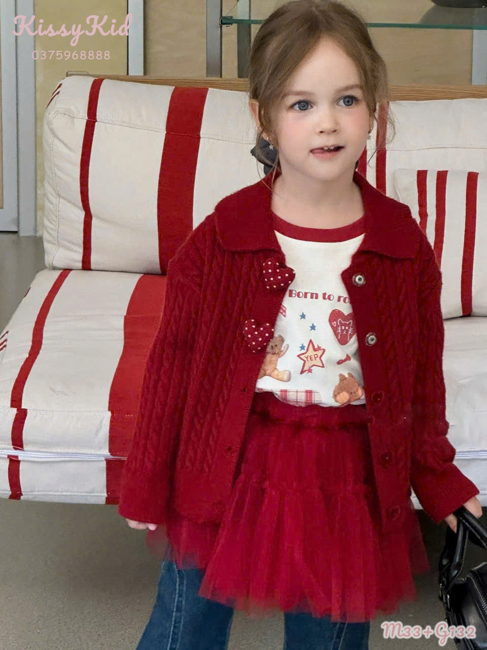 (M33) Áo len Cardigan thừng đỏ 2 cúc tim bông Hey Mingxing_thumbnail_0