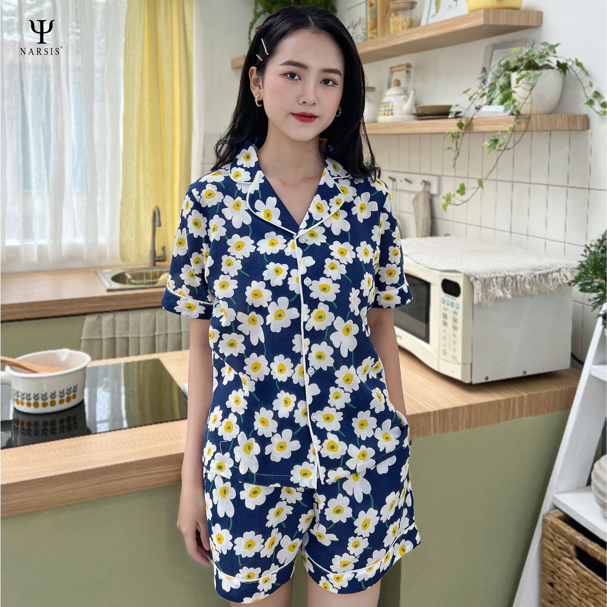 BỘ PIJAMA / BỘ NGỦ NỮ COTTON THÔ IN HOA NAVY QUẦN CỘC ÁO CỘC SIÊU MỀM MẠI THOẢI MÁI - M23004 NARS...
