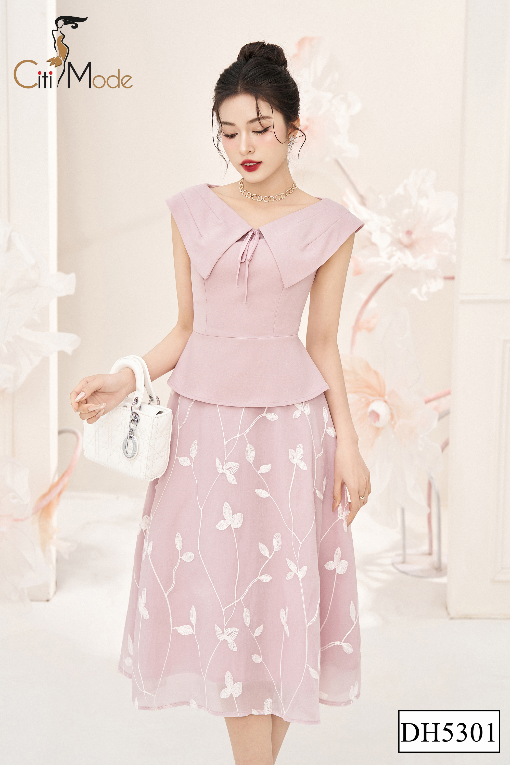 Đầm xoè peplum hồng phối chân váy hoa_thumbnail_1