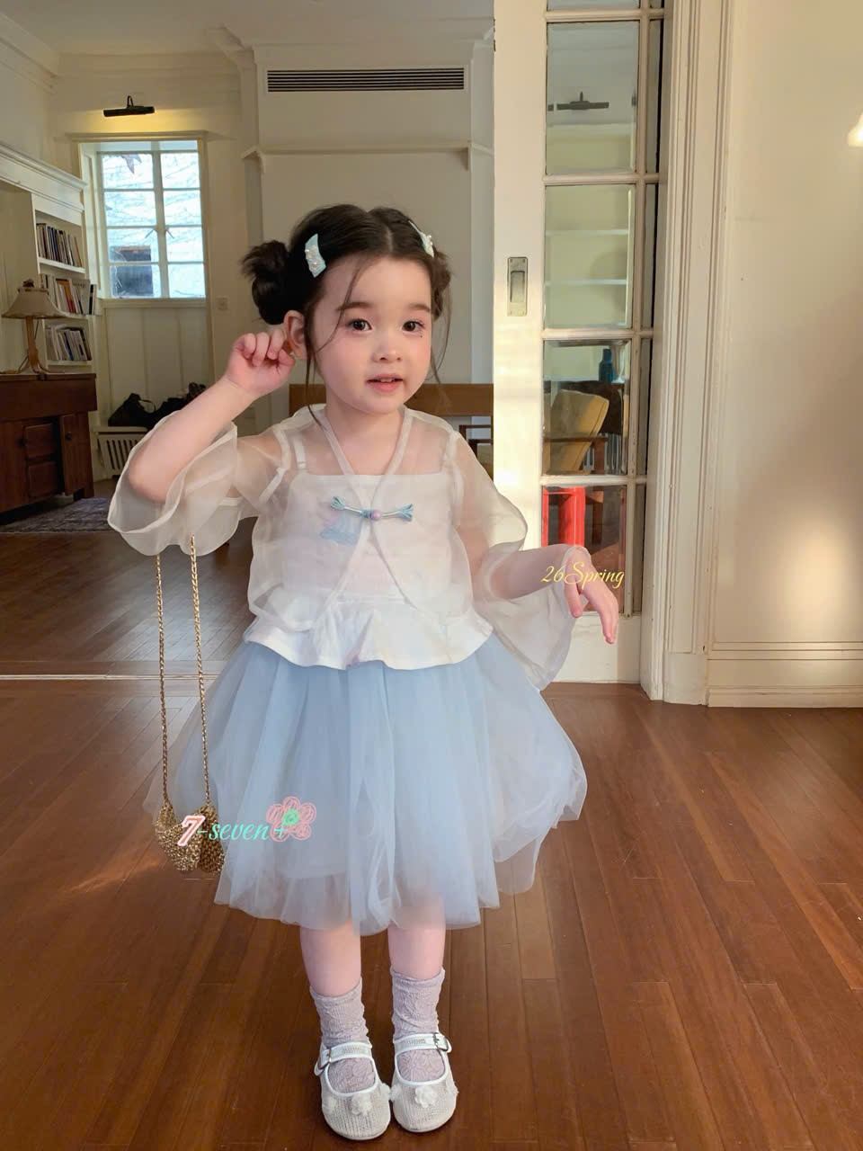 (H48) Váy voan lụa màu xanh Seven