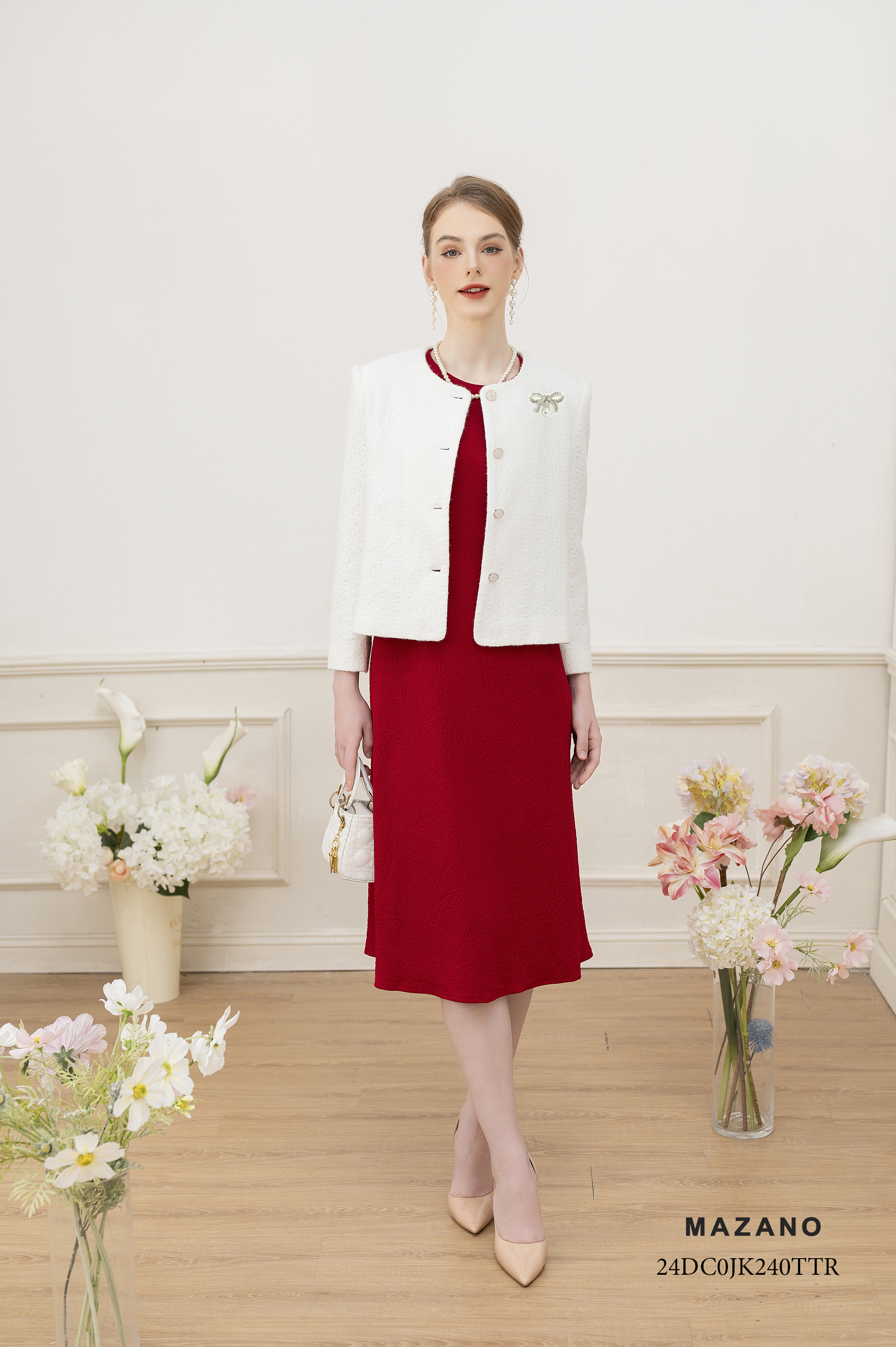 Áo khoác ngắn Suông Vải dạ len dày Họa tiết hoa văn kẻ Đính trang trí Dài dưới eo_thumbnail_2