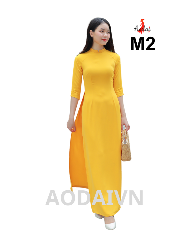 M2 Áo dài lụa Mỹ vàng cổ cao 2cm tay lỡ