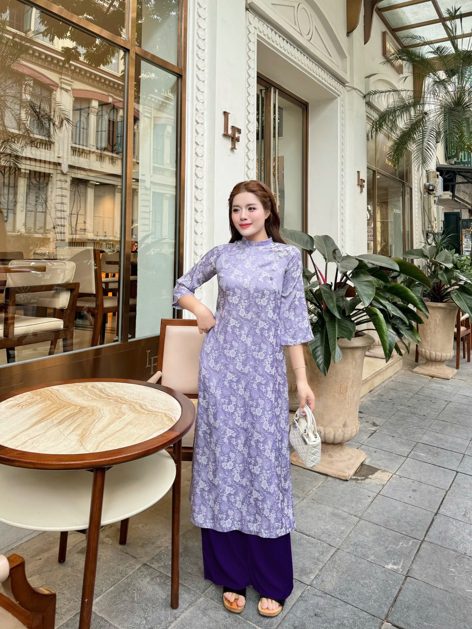 Bộ Áo Dài Cách Tân CT21 Gấm Dáng Suông mặc tết màu Tím Cà cổ cao 2cm tay lỡ